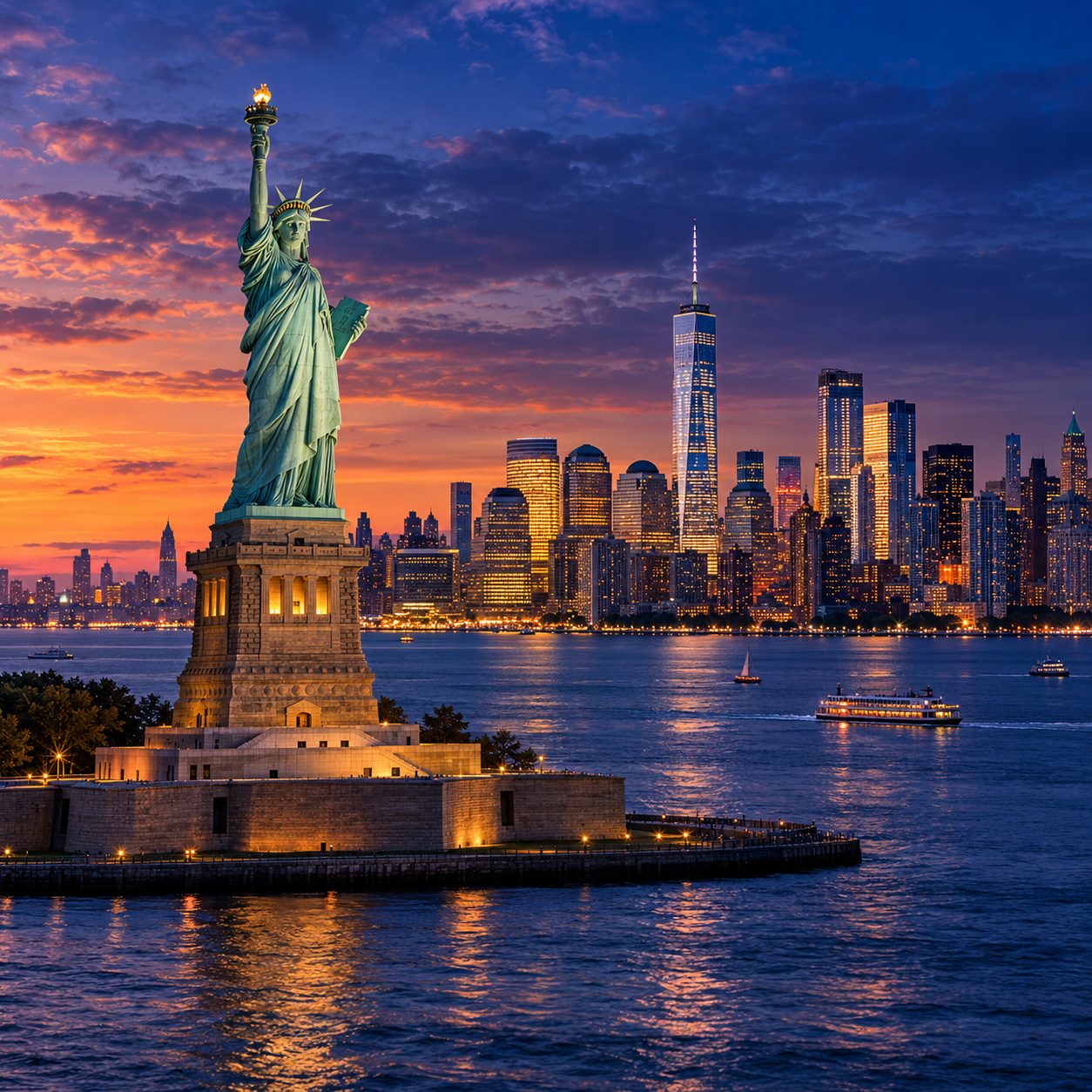 Statue of Liberty with the Manhattan skyline and One World Trade Center at blue hour