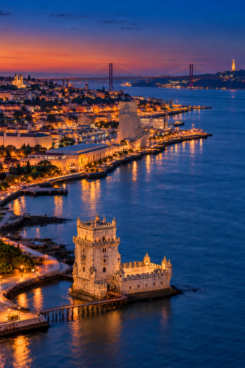 Belém Tower within the correctly oriented Lisbon waterfront landscape and the 25 de Abril Bridge at blue hour