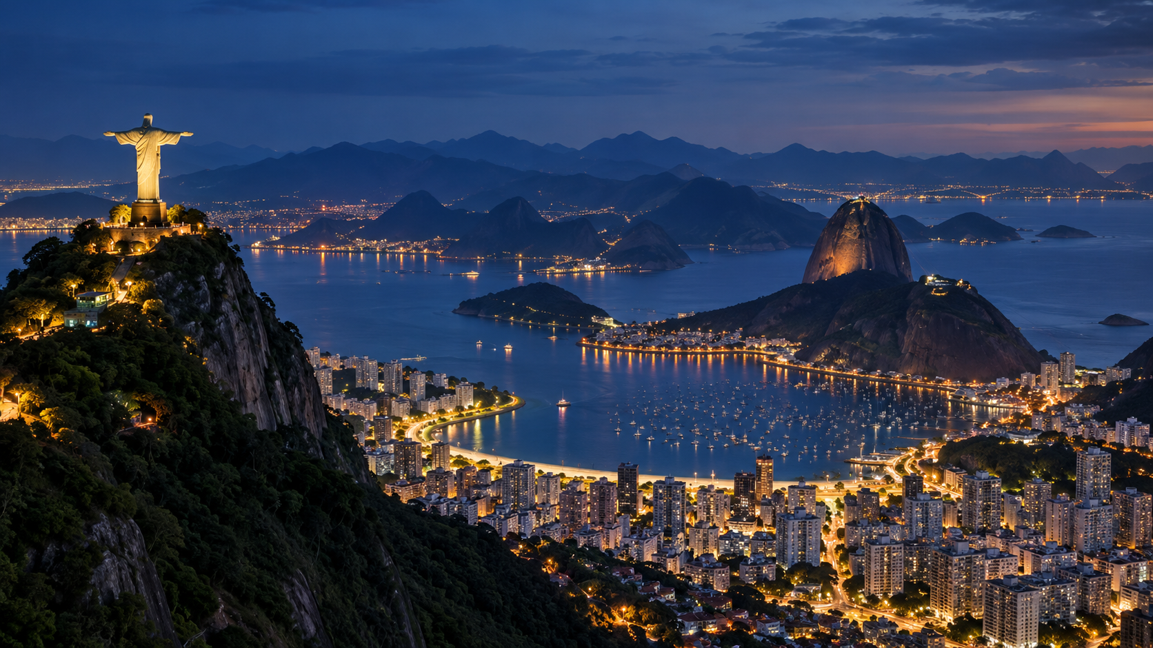 Rio de Janeiro with Christ the Redeemer and Sugarloaf Mountain at blue hour