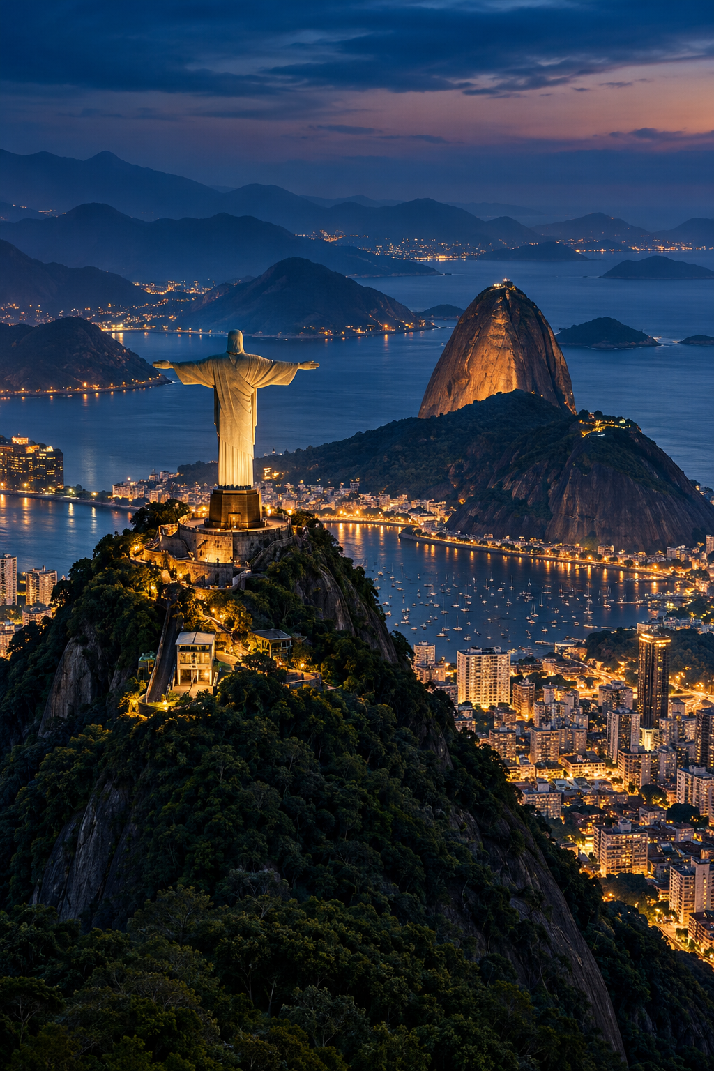 Christ the Redeemer and Sugarloaf Mountain in Rio de Janeiro at blue hour