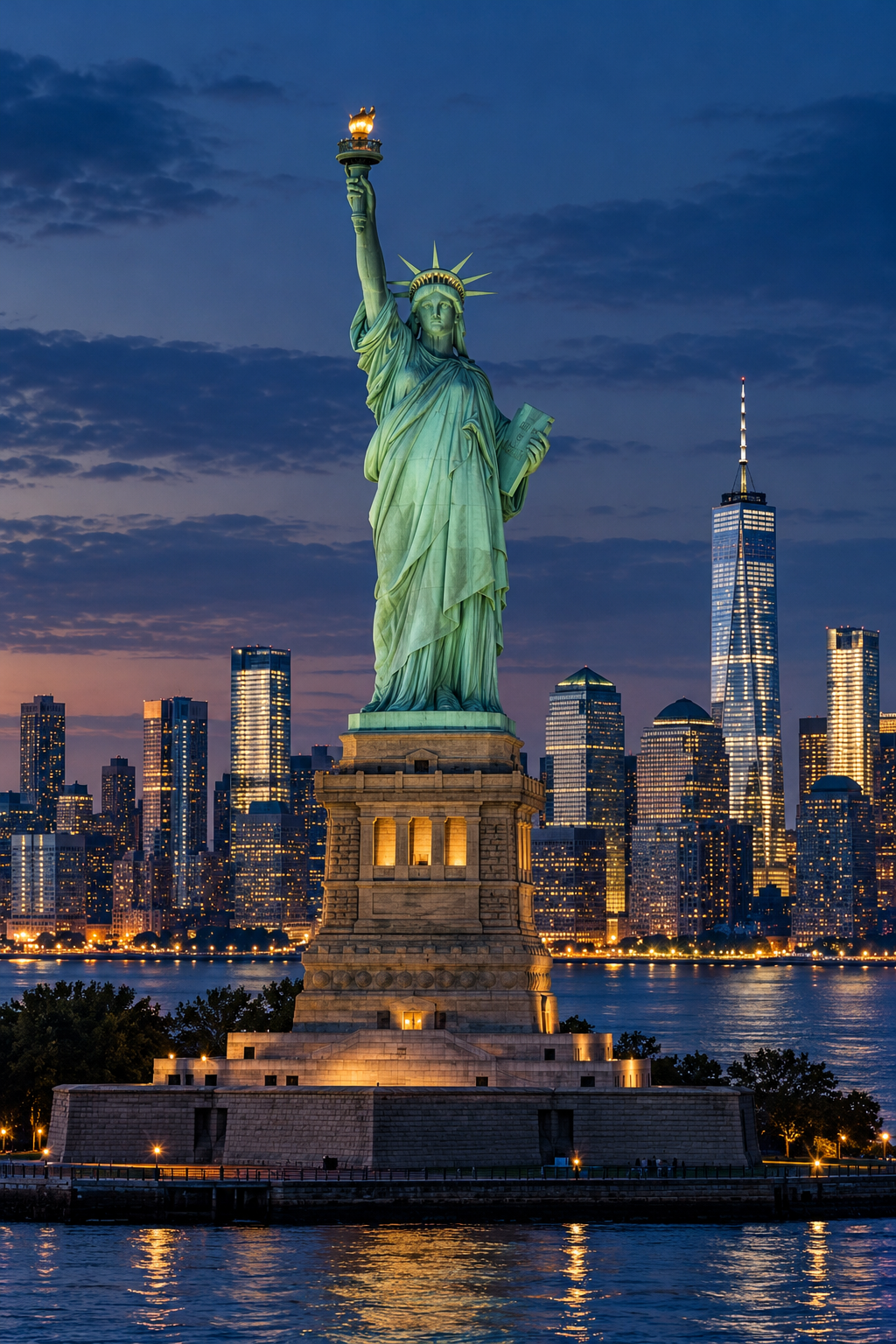 Statue of Liberty with the Manhattan skyline at blue hour